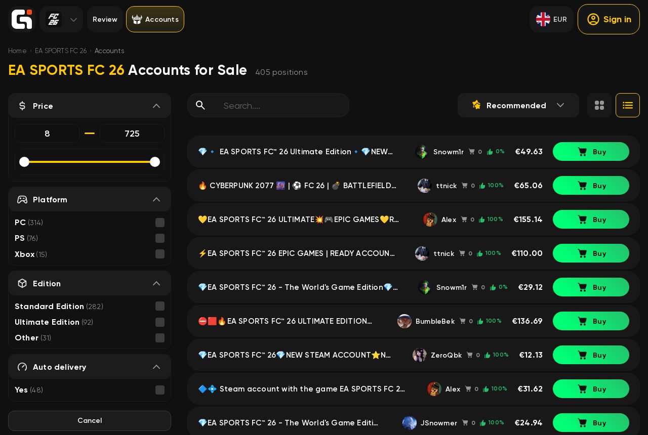 Goranked catalogue of EA SPORTS FC 26 accounts with filters for price, platform, edition and auto delivery